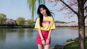 湖边柳树下红色短裙可爱美女