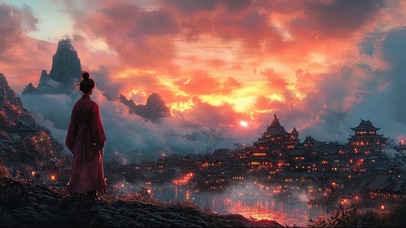 远眺黄昏古风山水古城