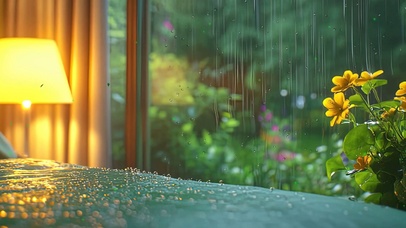 护眼外面雨滴绿景树木双屏