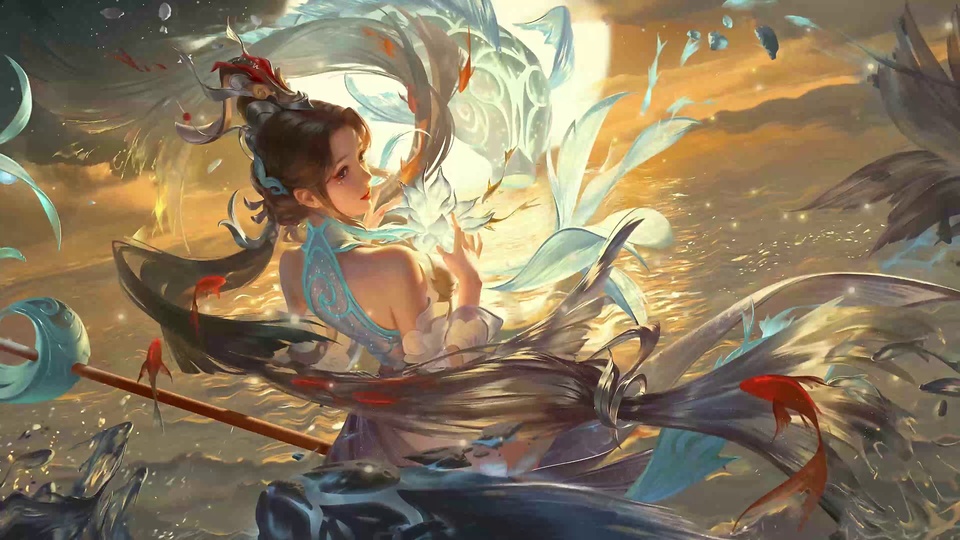 暖金夕照的水面上，古装少女托着发光白莲，身侧飘着红锦鲤与水形浪影。