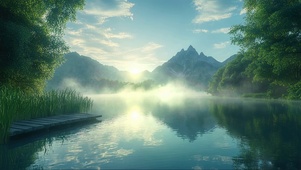 阳光迷雾山林湖泊码头