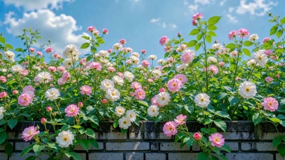 晴空下的浪漫粉白花墙