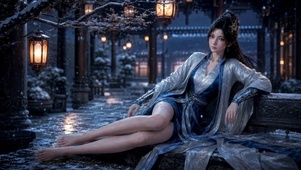 雪夜古风庭院蓝衣女神