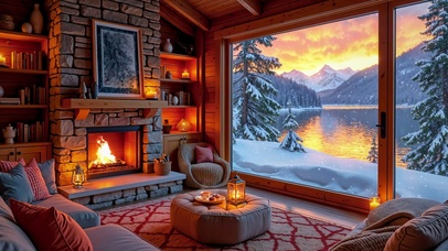 傍晚雪天湖畔木屋