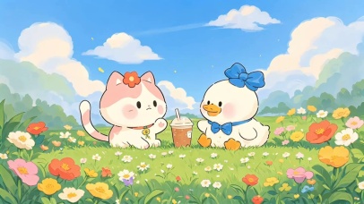 小清新猫猫鸭鸭一起喝奶茶呀