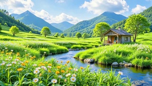 护眼山涧溪水绿色小屋