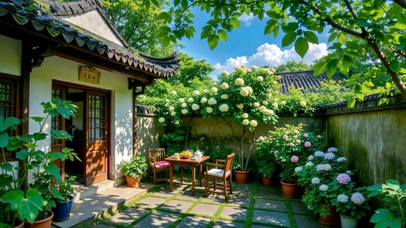 古风庭院夏日静谧风光