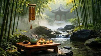亭子竹林溪流品茶