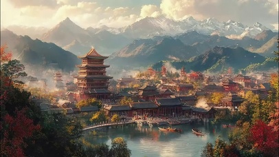 唯美古风山林城市湖畔