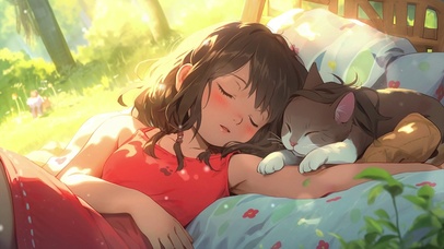 可爱小女孩和猫在睡觉唯美
