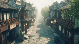 清晨朦胧云雾古城街道