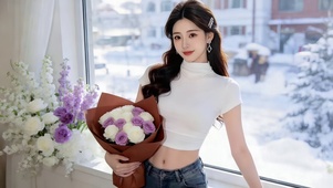 雪天温馨房间窗旁捧花性感美女2