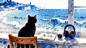 油画海边猫咪