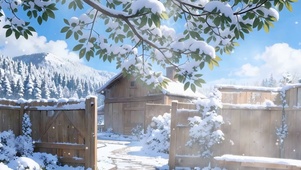 雪景树木河流双屏