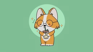 可爱狗狗喝奶茶