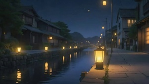 小镇河岸静谧夜景