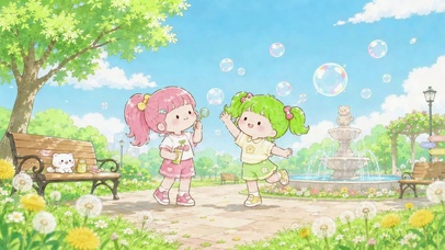 春日公园玩泡泡的可爱小女孩