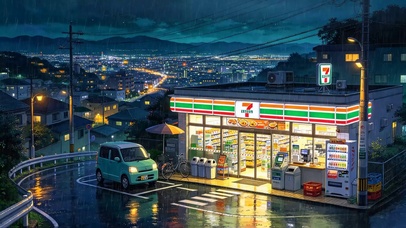 雨夜路边便利店