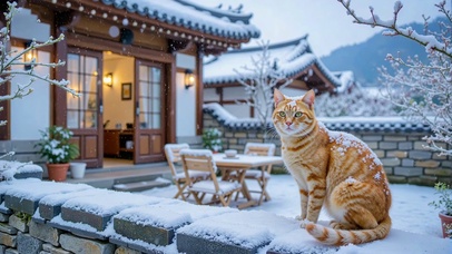 冬日雪墙狸花猫