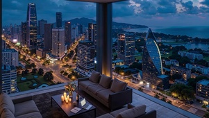 俯瞰城市与海湾夜景