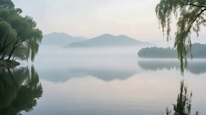 晨雾清新湖泊