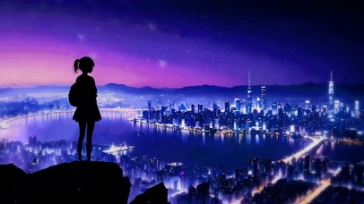 4K孤单少女俯瞰城市夜景