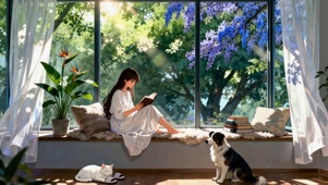 窗台看书的女孩