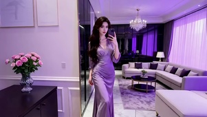 浅紫色调房间里的紫衣美女