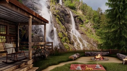 木屋休闲篝火度假瀑布