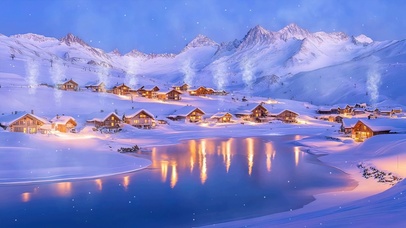 雪景树木房屋河流