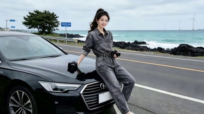 海边自驾游倚在车前拍照的美女