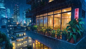 雨夜城市阳台