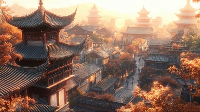 宏伟秋日静谧古城建筑