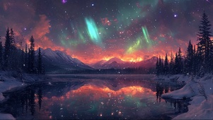 静谧雪原松林极光夜景