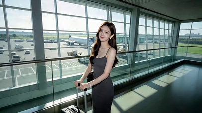 机场航站楼候机的长发美女