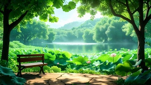 绿色护眼湖边荷花