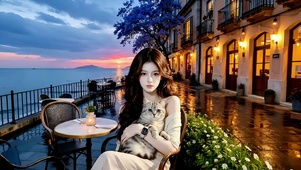 晚霞中海边餐桌旁抱小猫的美女