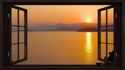 窗外傍晚日落高山湖