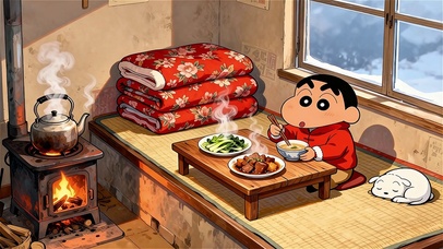 冬日暖屋里的小新和小白