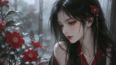 雨窗红衣少女