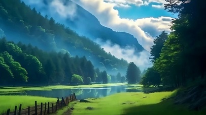 云雾树木河流
