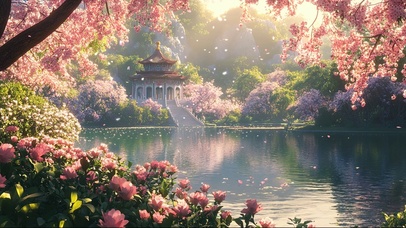 春日浪漫粉樱湖畔古建