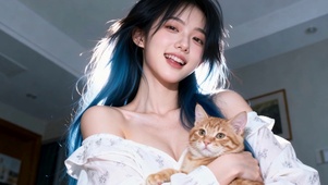 蓝发清纯少女抱橘猫