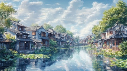 晴天水乡荷花河岸建筑