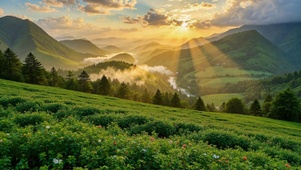 晨曦绿野山谷治愈风景