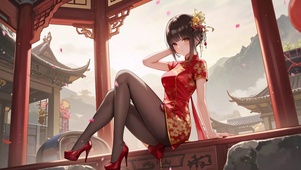 古风性感长腿黑丝旗袍美少女