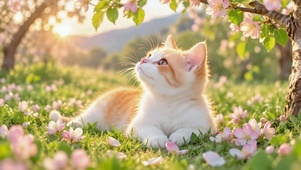 樱花暖阳下的治愈橘猫