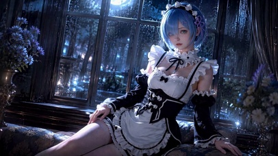 雨夜窗边蓝发女仆少女