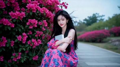 勒杜鹃花丛旁的长发美女1