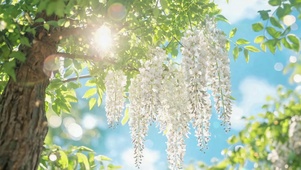 晴空暖阳下的白紫藤花
